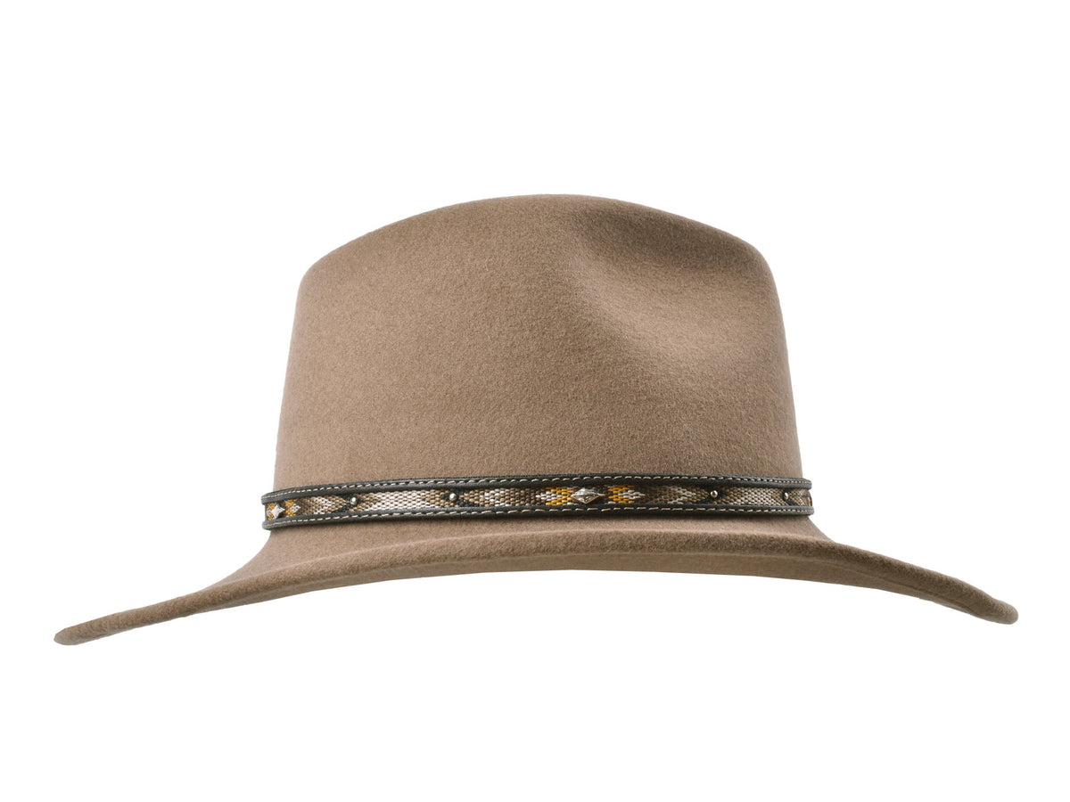 Coltrane wool felt fedora in khaki, wide brim and recycled leather band detail