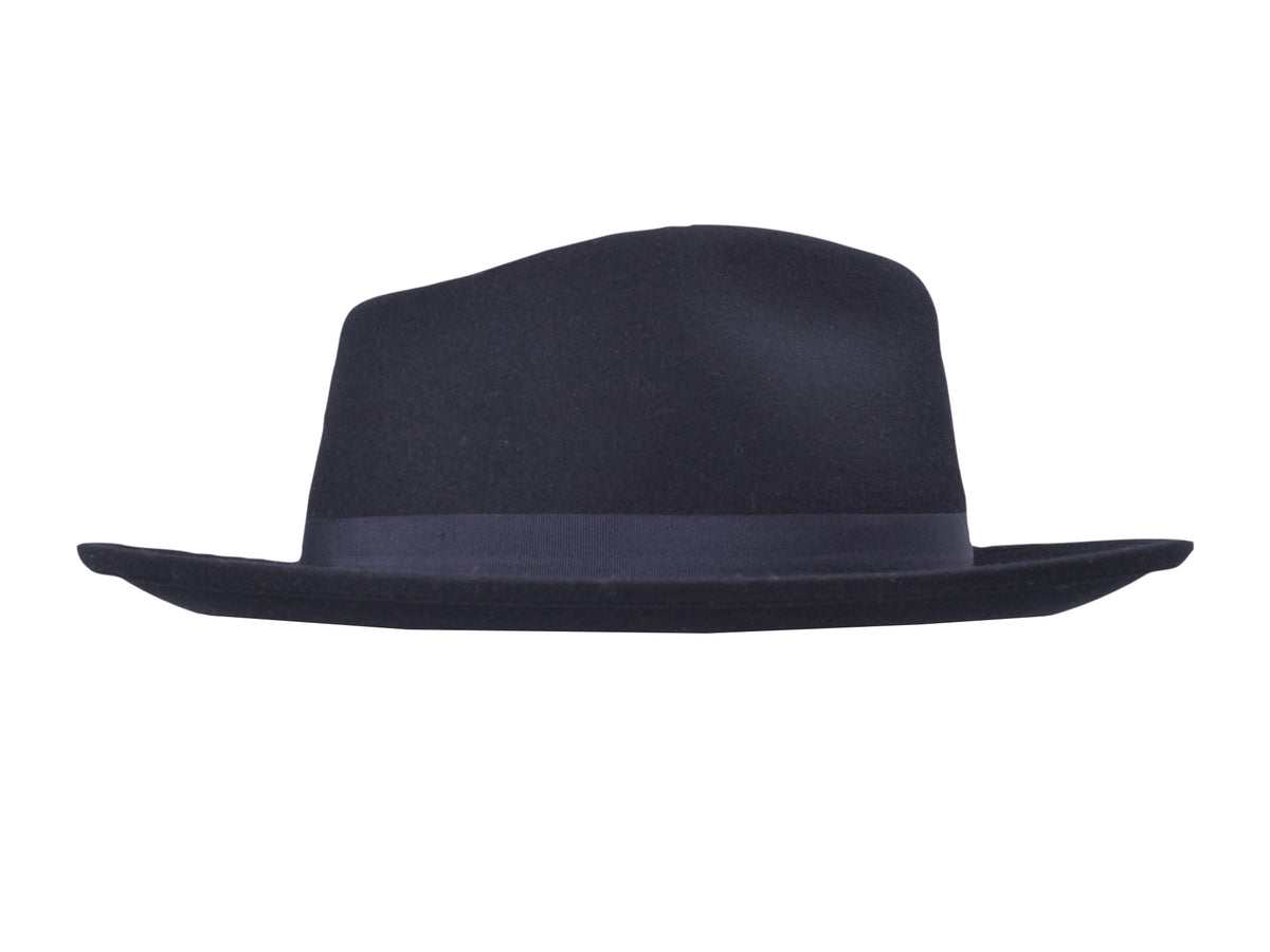 Finley men's wool felt fedora in black, teardrop crown and brim detail