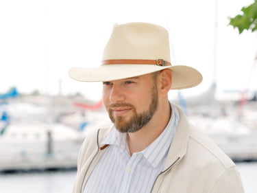 Panama Hat Australian Outdoor Bigalli model wearing outdoor explorer outfit