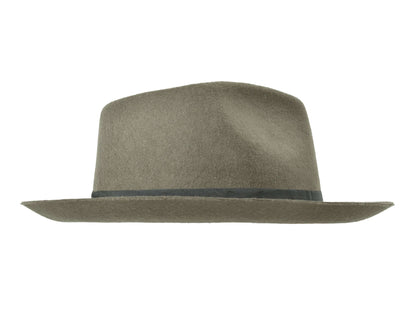 Grey Fedora Merino Wool Felt with black band, showcasing timeless elegance and modern style.