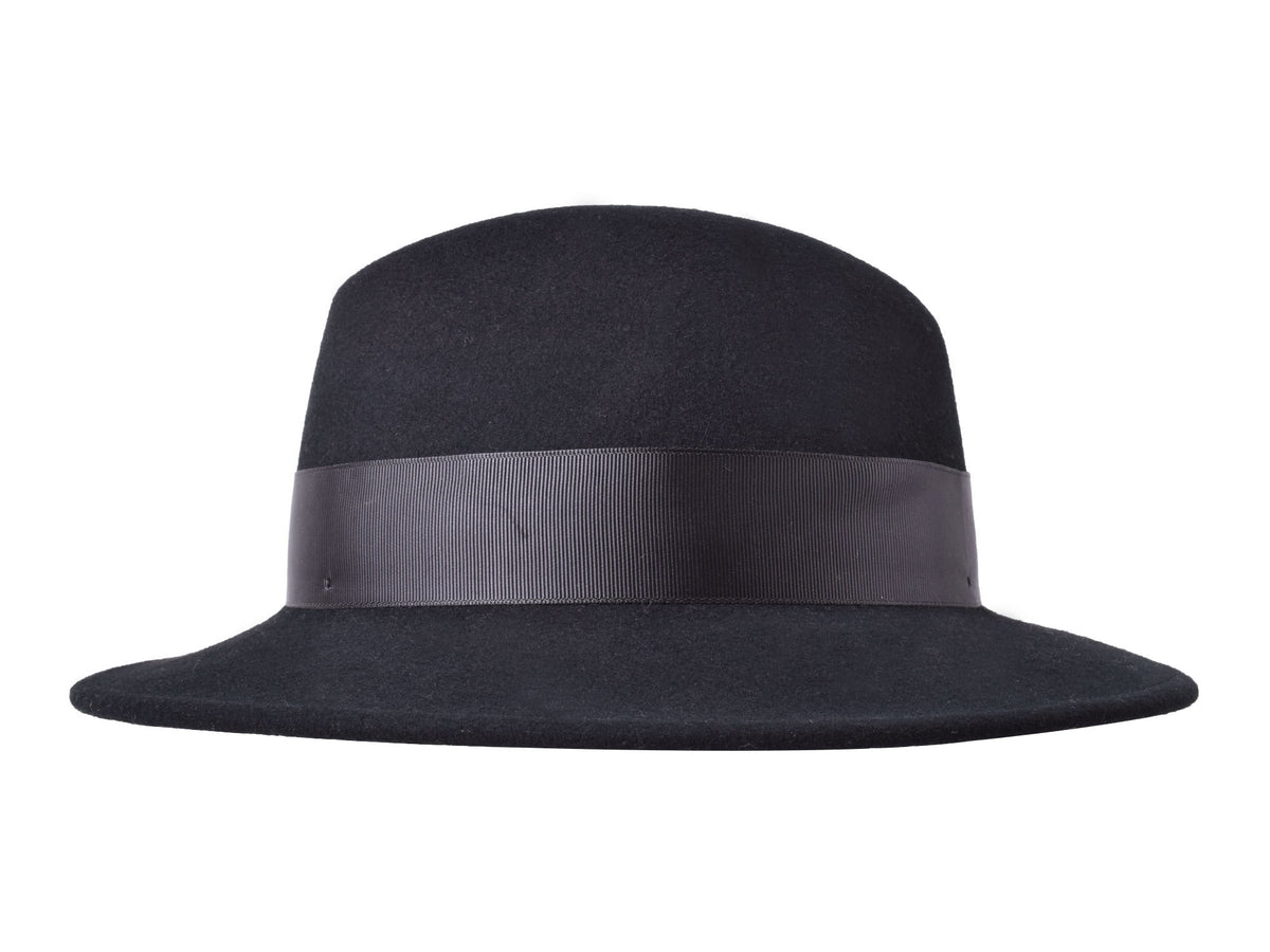Grace women's wool felt hat in black, grosgrain ribbon and cord detail