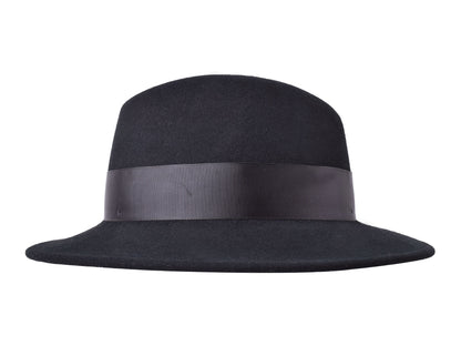 Grace women's wool felt hat in black, grosgrain ribbon and cord detail