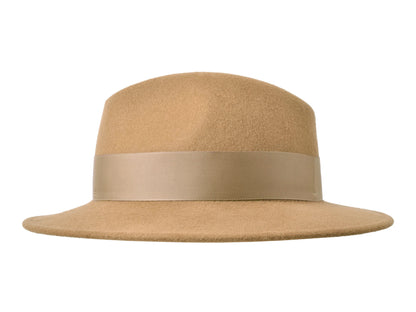Grace women's wool felt hat in camel, grosgrain ribbon and cord detail